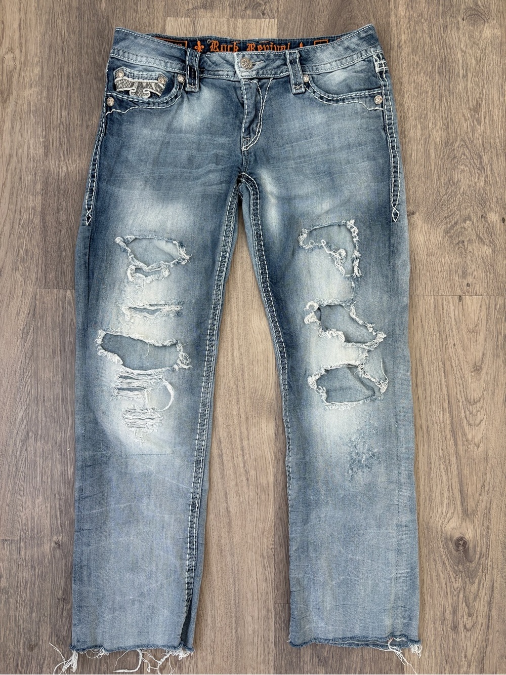 Rock Revival Jacklyn Cuff Straight Leg Distressed Raw Hem Jeans Size 30